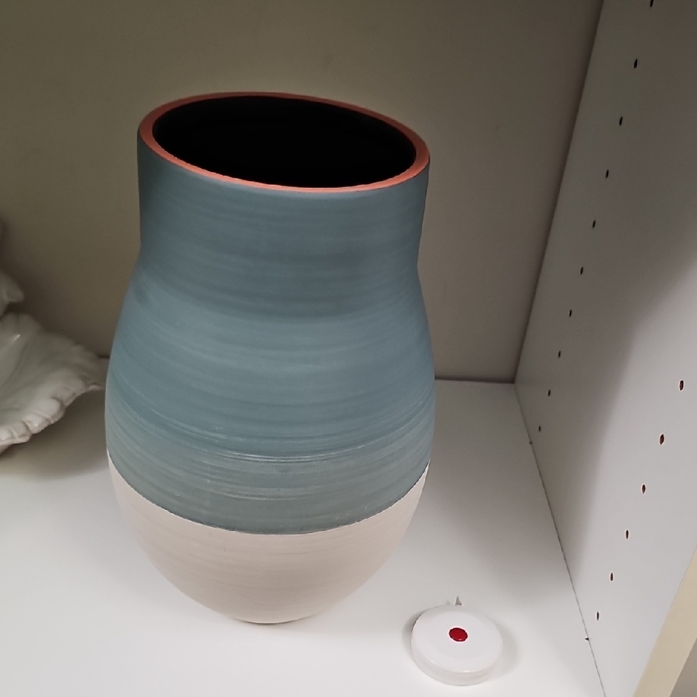Ashland Blue, Orange And Cream Pottery Vase 10"H X 23"D 7"W Approx New Tag